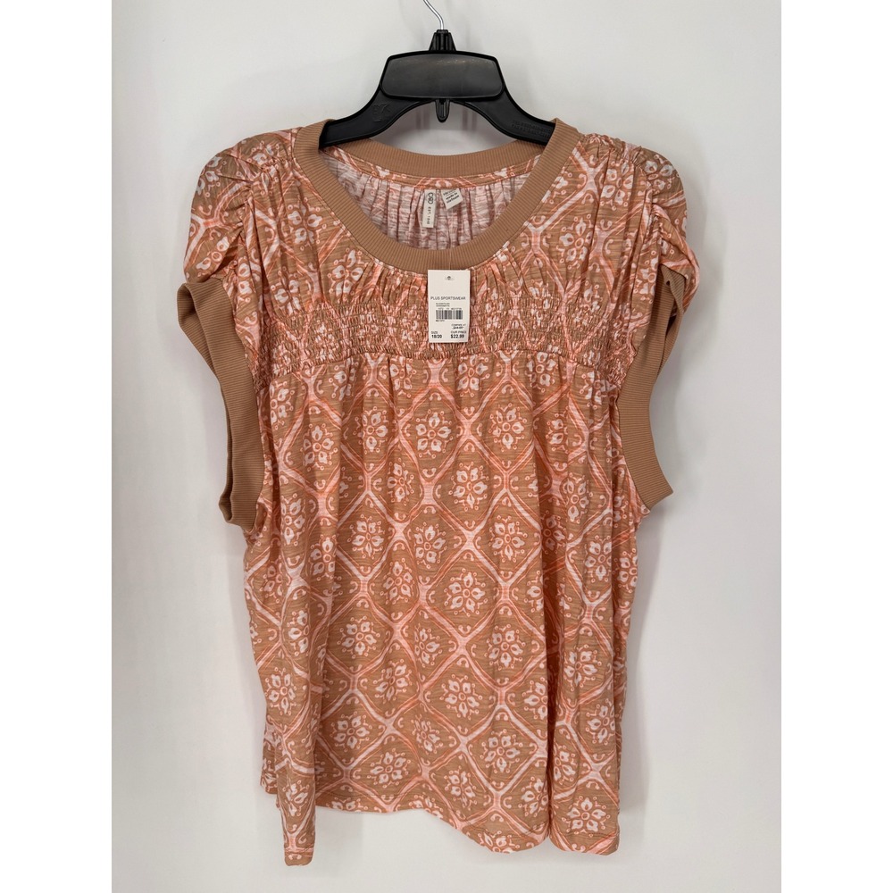 Cato Top Women 18/20 Coral NWT Smocked Bodice Geometric Floral Tile Print Ribbed